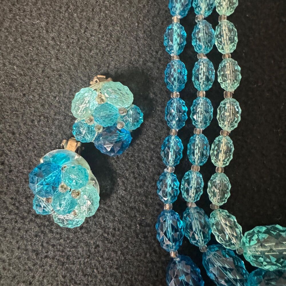 Vintage Ombre Jewelry Set 3 Strand Fashion Necklace Beaded Matching Earring Blue - Picture 2 of 8